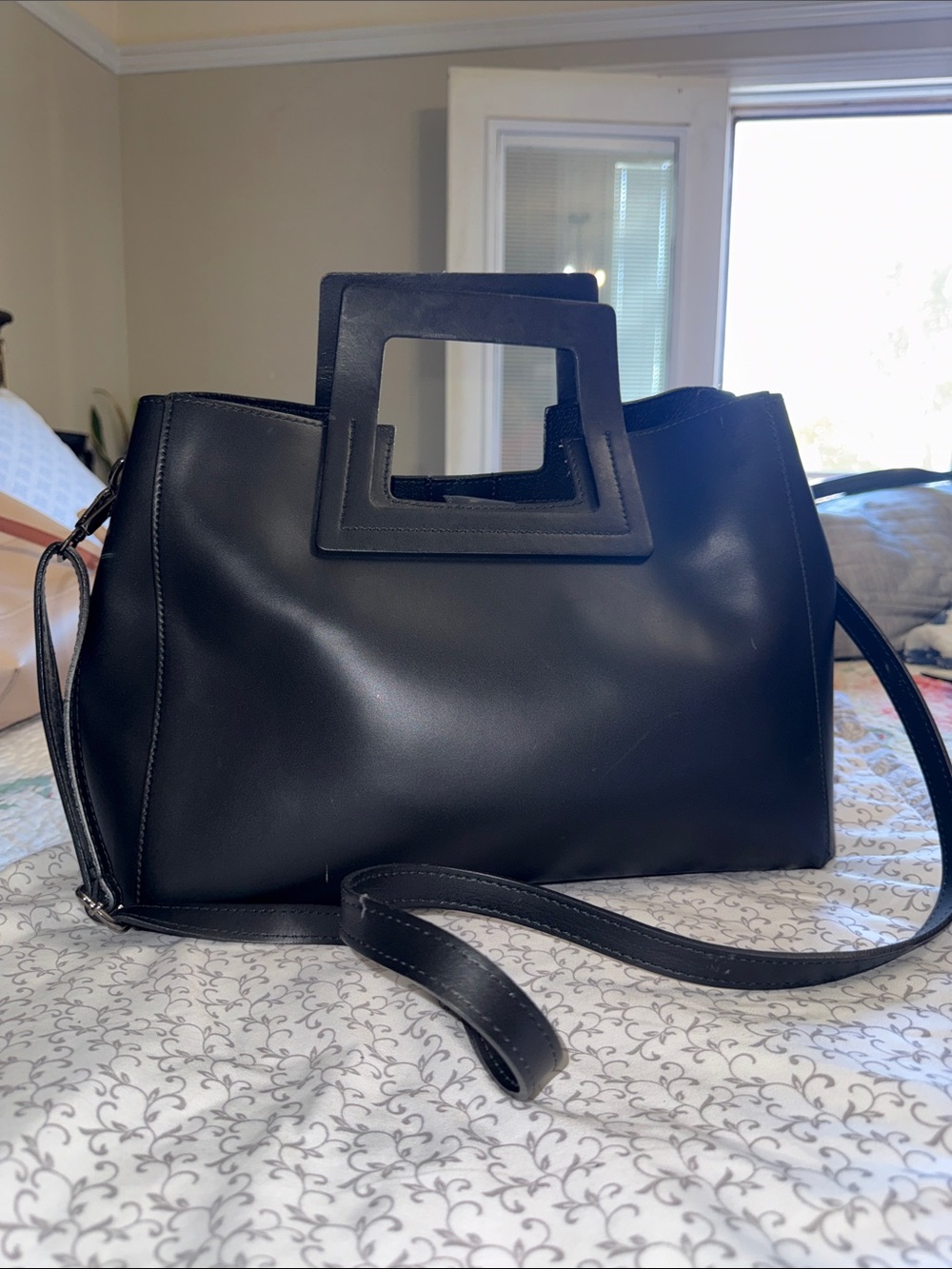 Structured Black Shoulder Bag with Square Handle